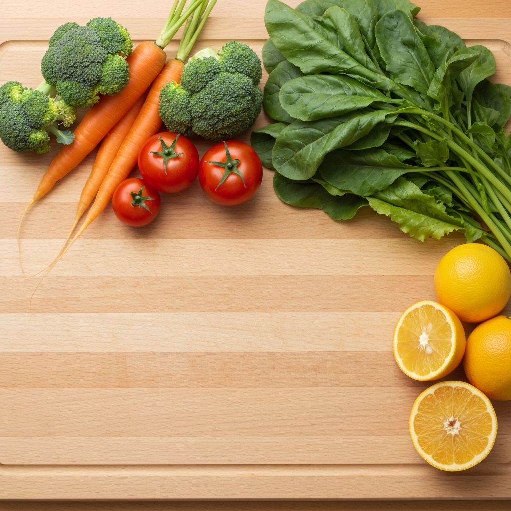 Frisches Gemüse und Obst auf einem Schneidebrett