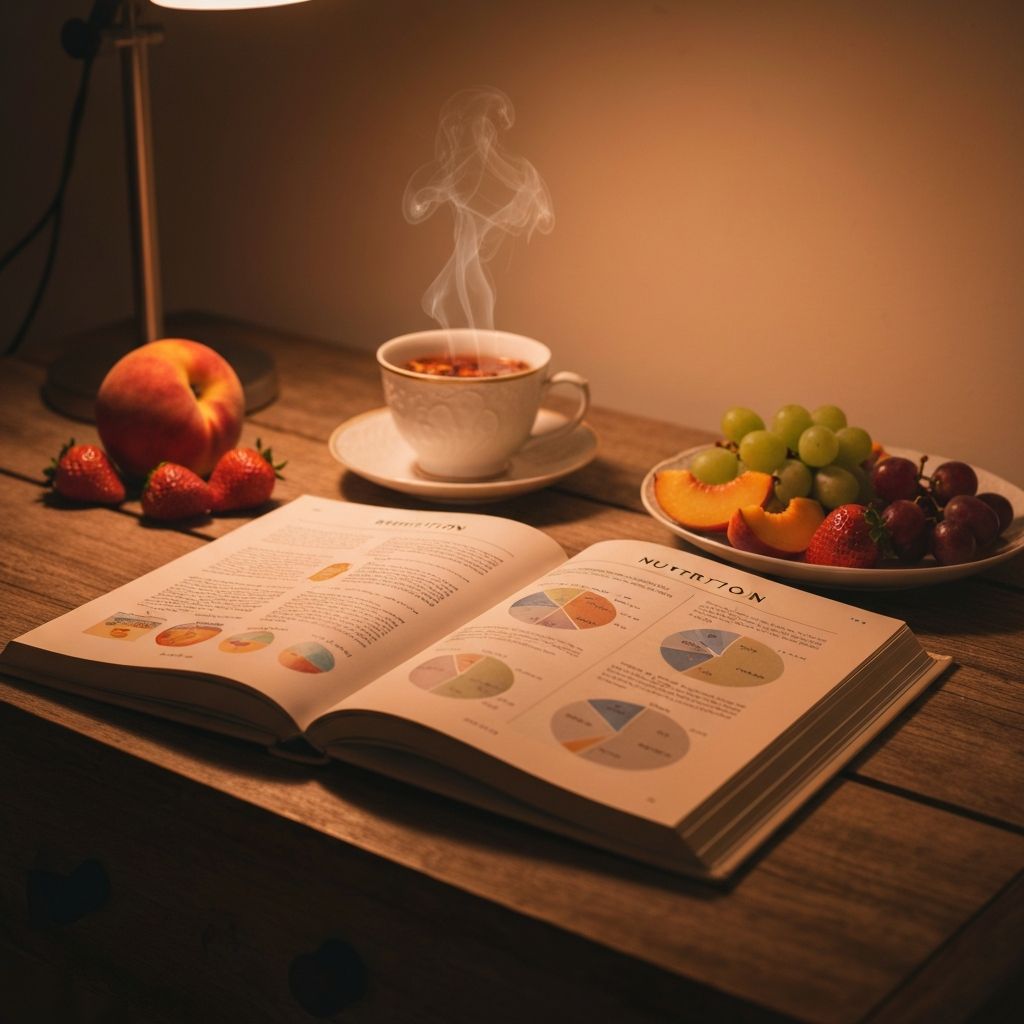 Buch über Ernährung mit Tee und Obst
